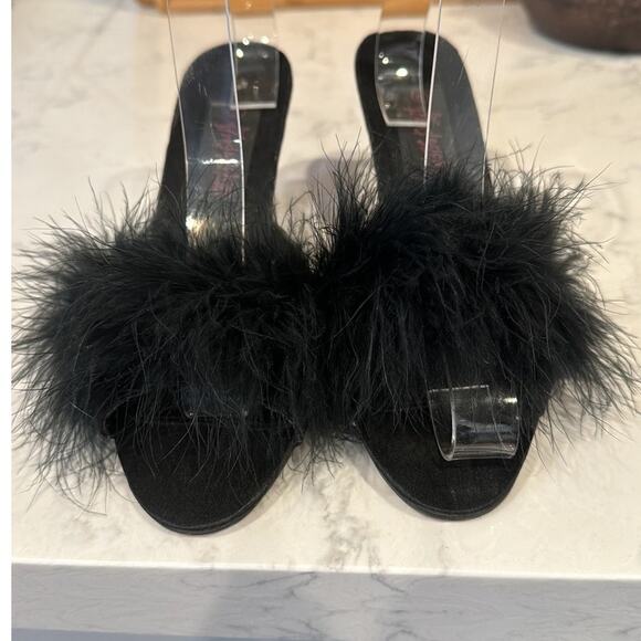 Fredrick’s of Hollywood 1980s Satin Peep Toe Pumps with Ostrich Feathers size 7 - Picture 6 of 9